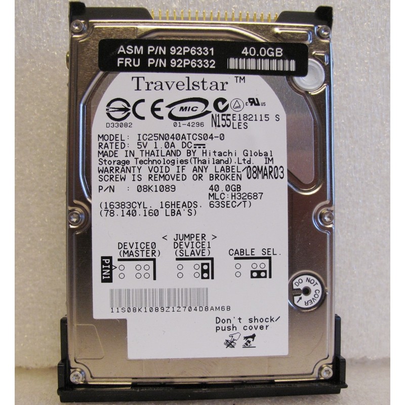 Disque 40Gb IDE 4200t 2.5" IBM 92P6331 IBM 92P6332 HITACHI IC25N040ATCS04-0