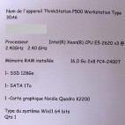 Type 30A6 Lenovo ThinkStation P500 Xeon E5-2650V3 2.3GHz 10-Core 25Mo Cache 16Go RAM SSD128 1Tera SATA K2200 DVD W11 pro 64