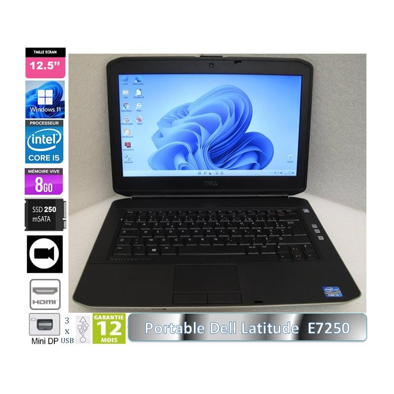 PC portable 12.5'' Dell Latitude E7250 Core I5-5300U 2,30GHz 8Go RAM mSATA250 WEBCAM