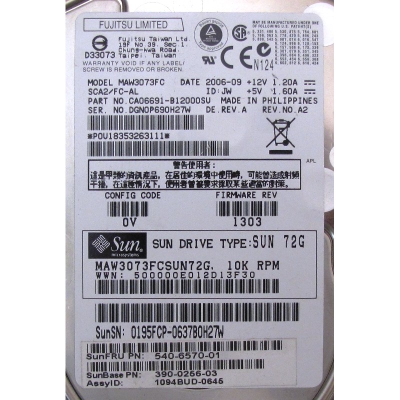 Disque 72GB 10K FC-AL 3.5 SUN 390-0256 - Fujitsu MAW3073FC pn CA06691-B12000SU