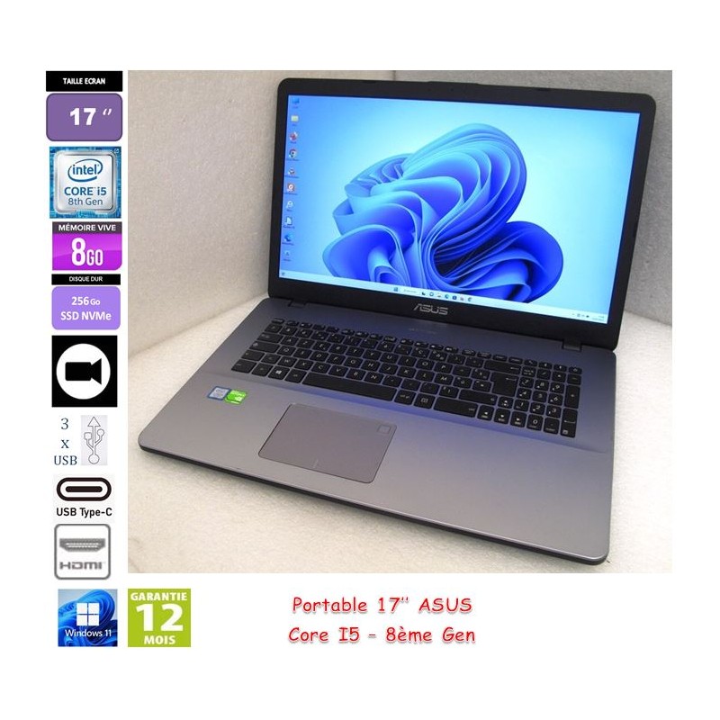 PC portable 17'' ASUS Core i5-8250U 1.6GHz 8Gb RAM SSD M.2 256Gb Win11 Pro64 WebCam, 3xUSB, USB-C, HDMI