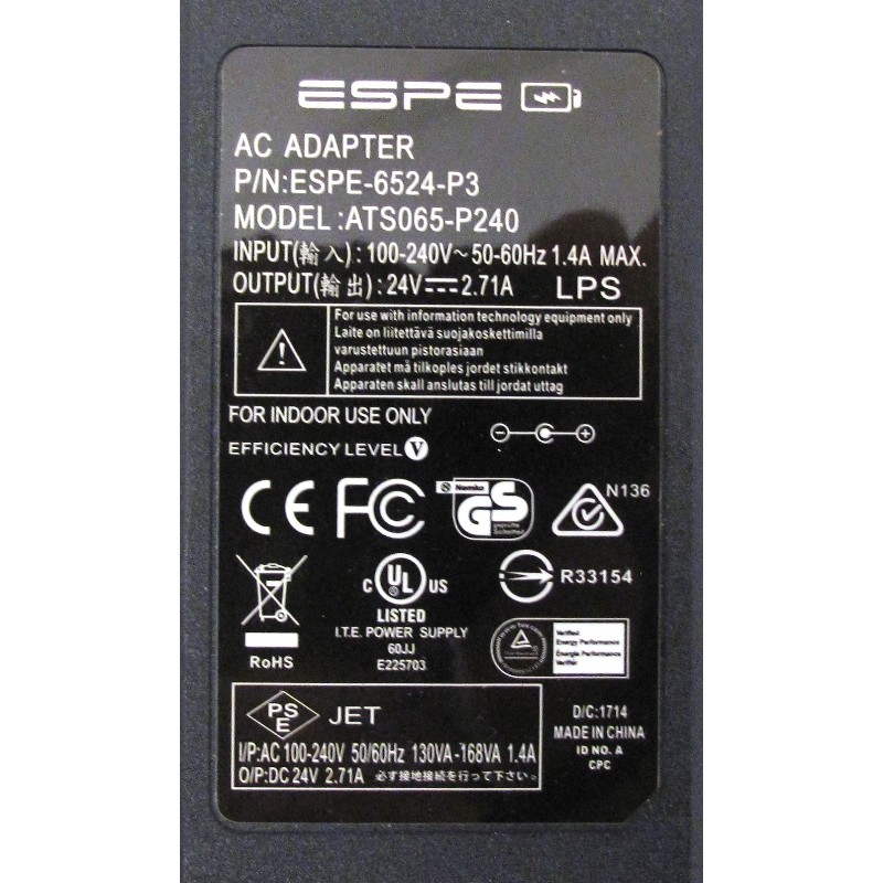 Alimentation 65W 24V 2.71A ESPE ATS065-P240 pn ESPE-6524-P3