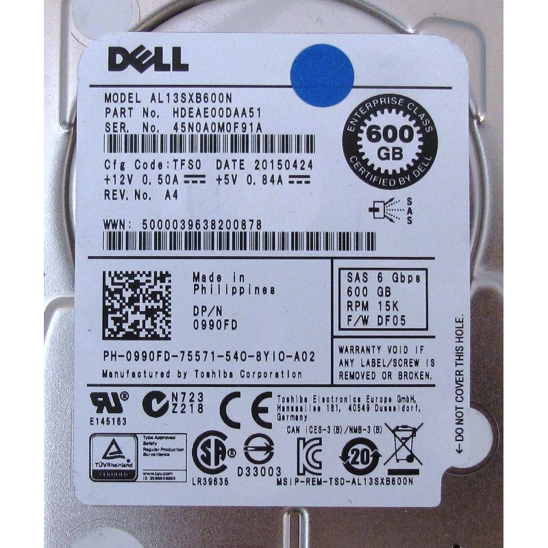 HDD 600Gb 15K SAS 2.5 DELL 0990FD Toshiba AL13SXB600N PN HDEAE00DAA51