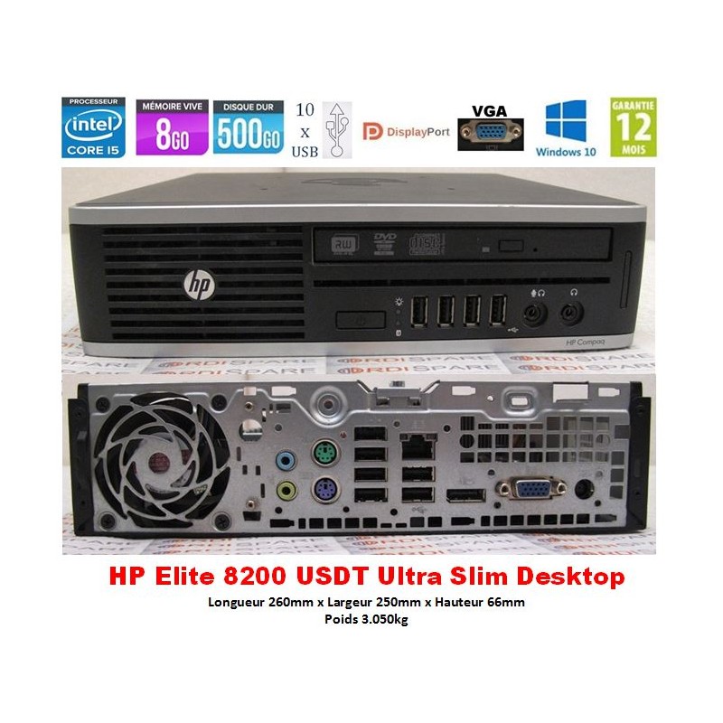 PC HP Elite 8200 USDT Core I5-2400s 2,5GHz QC 8Go RAM 500Gb Sata DVD W10_ 10xUSB VGA DP