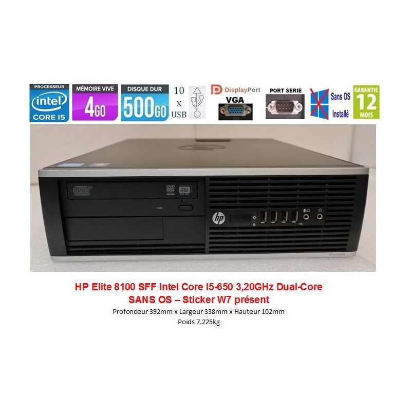 PC HP Compaq Elite 8100 SFF i5-650 3.20GHz 4Gb Ram 500Gb SATA 10xUSB 1xVGA 1xDP RS232 - Sans OS, WIndows 7, HP XN874ET