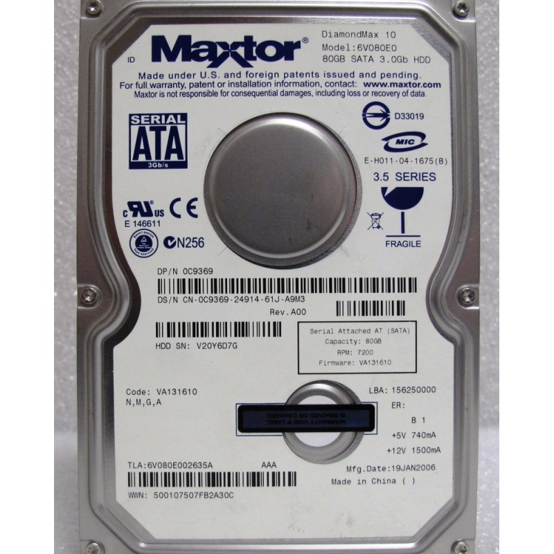 Disque Maxtor 6V080E0 80Go SATA 7200t 3.5"