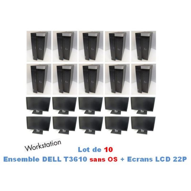 LOT 10 x Ensemble DELL T3610 Intel Xeon E5-1607V2 3GHz 8Gb RAM 500Gb HDD Nvidia Quadro graphic_NO OS_Ecran Plat 22P Dell
