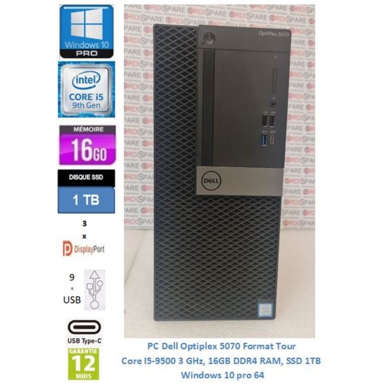 Dell Optiplex 5070 Tower i5-9500 3,00GHz 16Gb RAM SSD 1TB  Win10 Pro64_9xUSB, USB-C, 3xDP