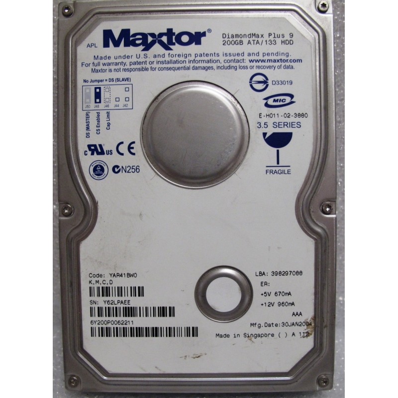 Disque Maxtor 6Y200P0062211 200Gb IDE 7200t 3.5"