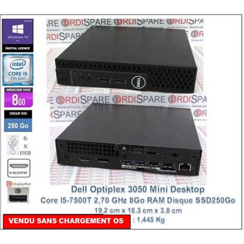Dell Optiplex 3050 USFF Micro Core I5-7500T 2,70GHz 4-C 4-T 6Mb C - 8Go RAM SSD250Go - HDMI, DP, 6xUSB, Digital W10 pro_No OS