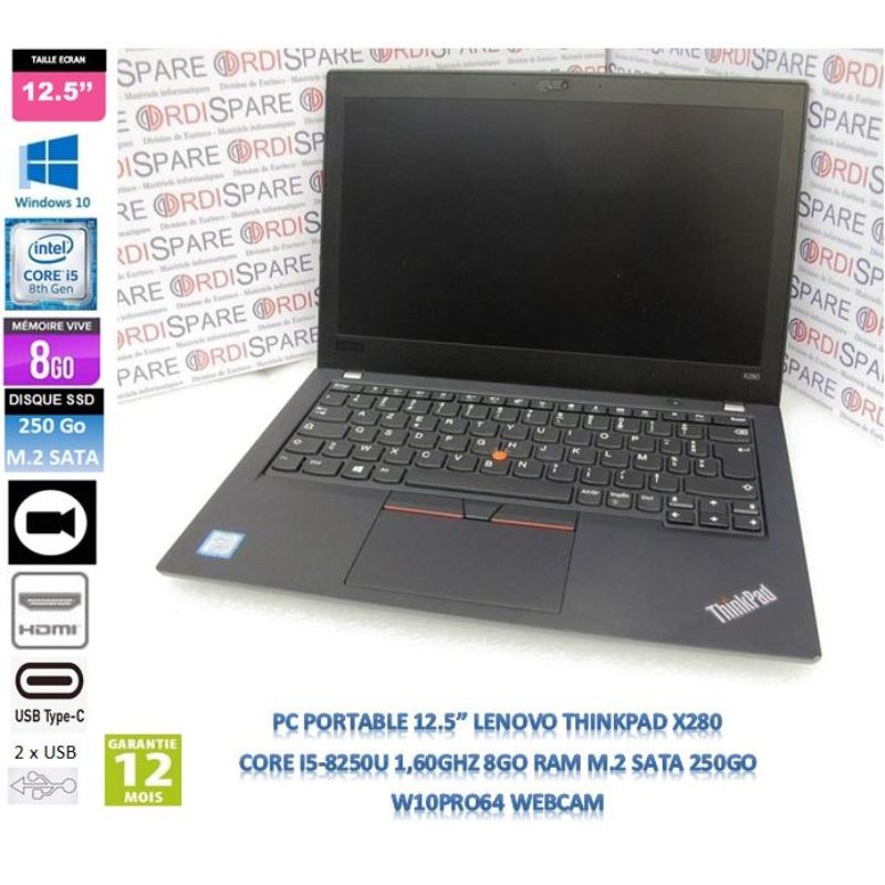 12.5'' LAPTOP Lenovo ThinkPad X280 Core I5-8250U 1.60GHz 4-C 8T 6Mb cache 8Gb RAM 250GB M.2 SATA W10, HDMI, 2xUSB-C,2xUSB.3