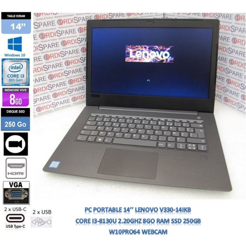 14'' Laptop Lenovo V330 14IKB Core I3- 8130U 2.20GHz, 8Gb RAM SSD250Gb,W10, Webcam, HDMI, VGA, 2xUSB-C, 2xUSB