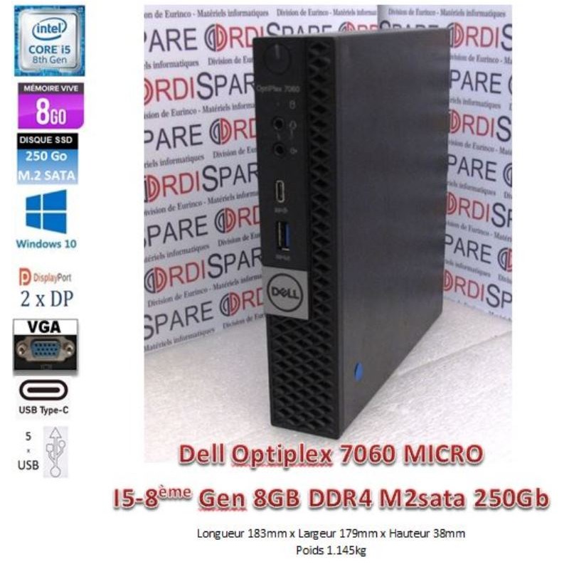 Dell Optiplex 7060 Micro I5-8500T 2,10GHz 6-C 9Mb 8GB RAM SSD M2.SATA 256GB W10pro_2xDP, VGA, USB-C, 5xUSB