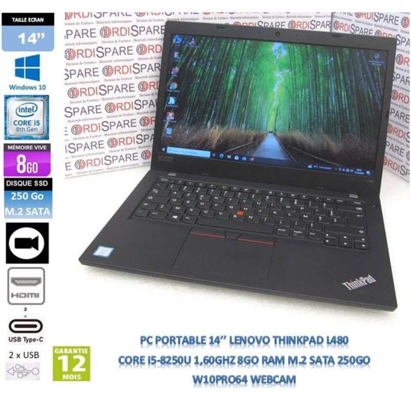 14'' Laptop LENOVO L480 i5-8250U 1.60GHz 8GB RAM SSD M.2 250GB Win10 pro64, HDMI, 2xUSB-C,2xUSB