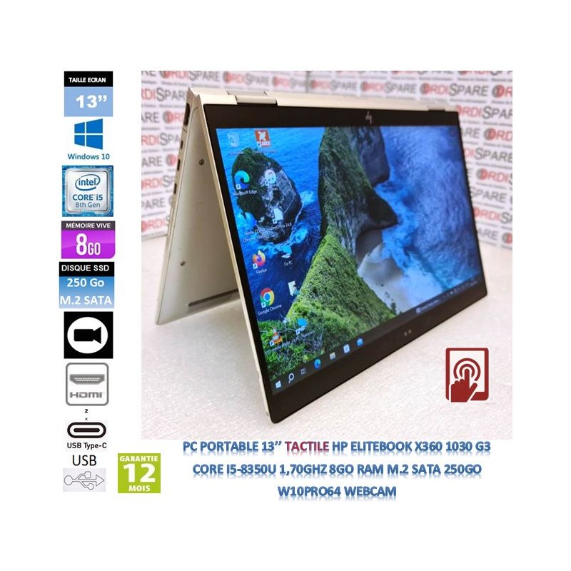  13'' Laptop touchscreen HP EliteBook x360 1030 G3 i5-8350U 1.70GHz 8GB RAM - SSD M.2 250Go - W10pro64