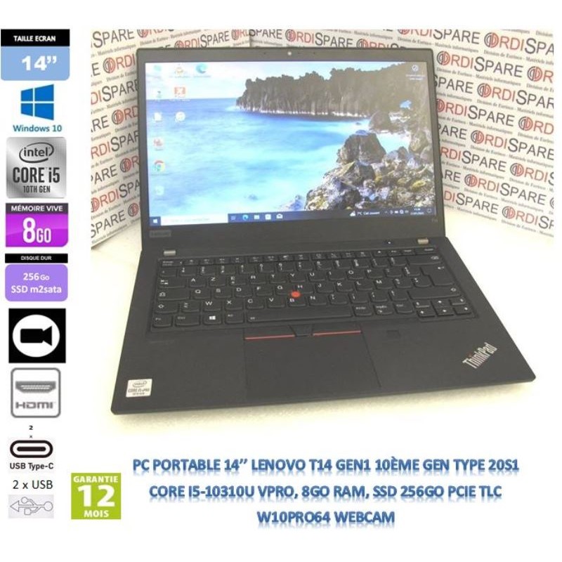 PC Portable 14'' LENOVO ThinkPad T14 Gen 1 Type 20S1 Core i5-10310U vPro, 8Gb RAM, SSD256GB, W10_WEBCAM_2xUSB-C, 2xUSB 3.2, HDMI