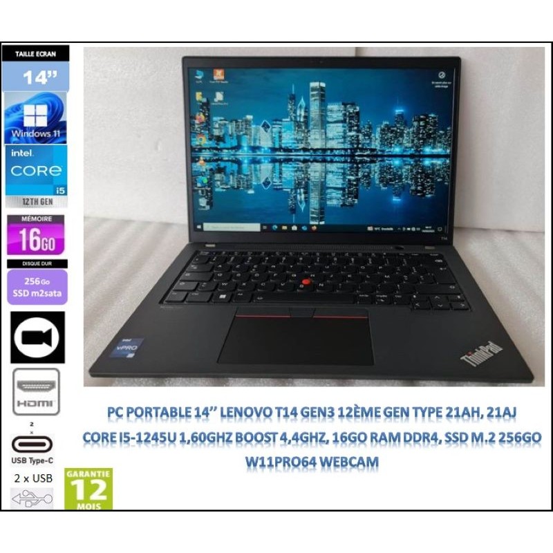 14'' Laptop14'' LENOVO T14 Gen 3 Core i5-1245U 1.60GHz vPro, 16Gb RAM, SSD M.2 256GB, W10pro64, WEBCAM, 2xUSB-C, 2xUSB, HDMI 14'' Laptop14'' LENOVO T14 Gen 3 Core i5-1245U 1.60GHz vPro, 16Gb RAM, SSD M.2 256GB, W10pro64, WEBCAM, 2xUSB-C, 2xUSB, HDMI