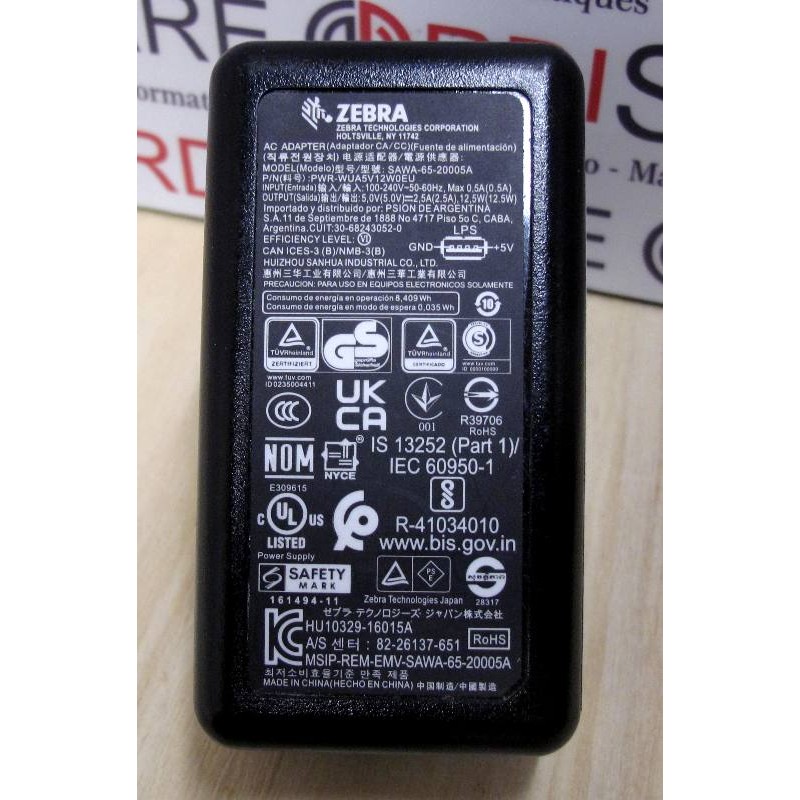 AC ADAPTER 12.5W 5V 2.5A ZEBRA SAWA-65-20005A P/N PWR-WUA5V12W0EU