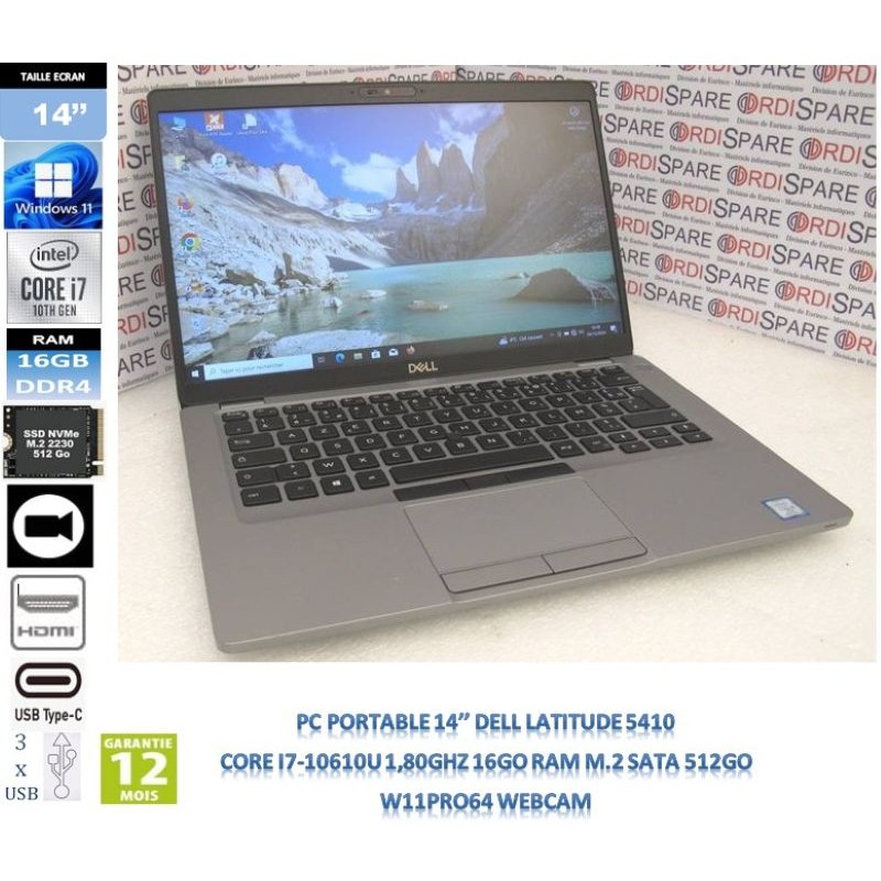 PC Portable 14'' DELL Latitude 5410 i7-10610U 1,80GHz 16Gb RAM SSD M.2 512Go W11 pro PC Portable 14'' DELL Latitude 5410 i7-10610U 1,80GHz 16Gb RAM SSD M.2 512Go W11 pro