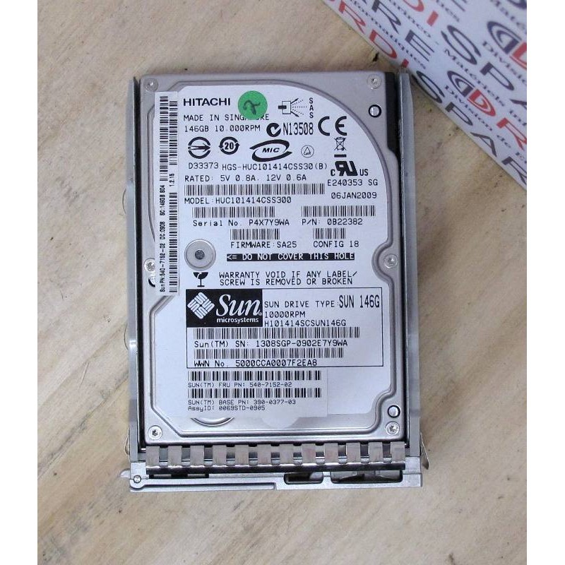 Disque 146GB 10K SAS 2,5'' Serial Attached SCSI SUN 390-0377 SUN 540-7152, Hitachi HUC101414CSS300 PN 0B22382