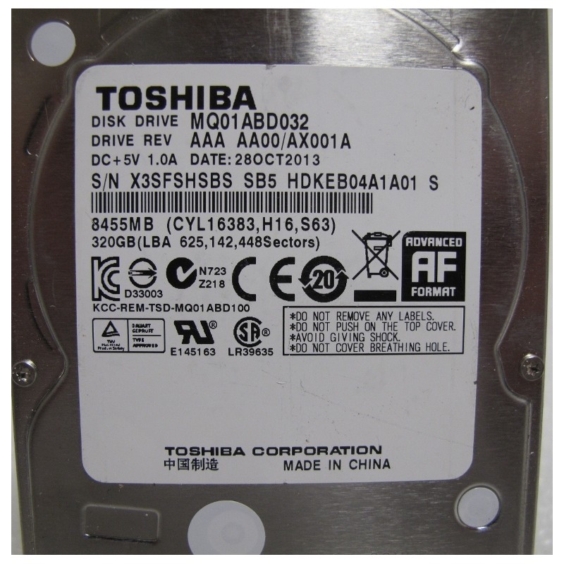 Disque Toshiba MQ01ABD032 320Gb SATA 5400t 2.5"