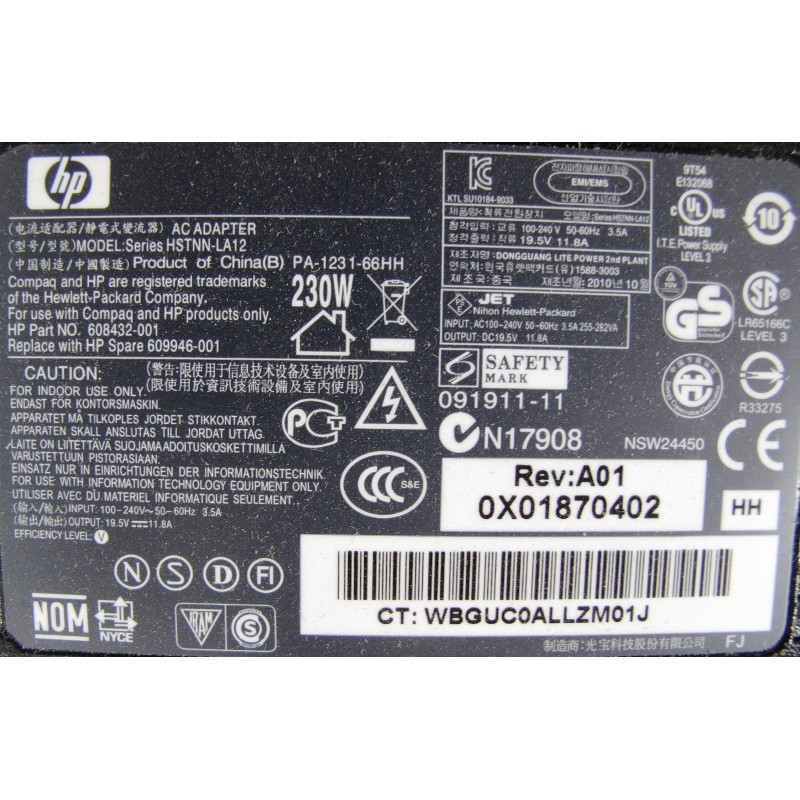 HP 608432-001 230W 19.5V 11.8A AC/DC Adapter
