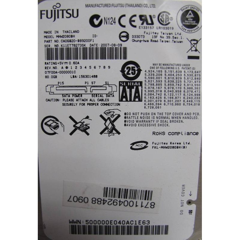 Disque Fujitsu MHW2080BH 80Gb SATA 5400t 2.5"