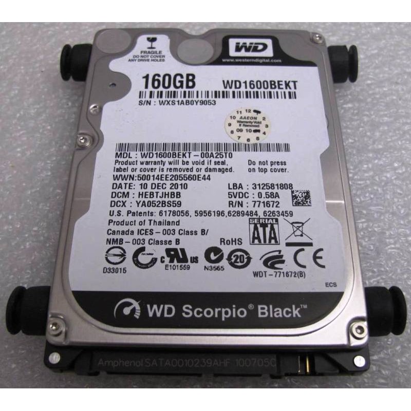 Hard Disk Drive Western Digital WD1600BEKT-00A25T0 Scorpio Black 160GB SATA 7200trs/mn 16Mb 3.0Gb/s 2.5"